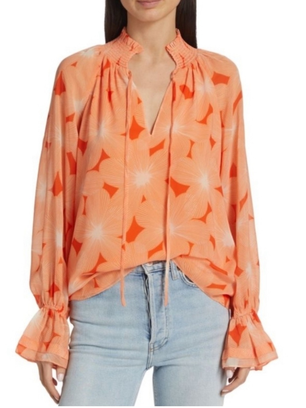 Ramy Brook Clarke Tie Neck Bell Cuff Blouse NWOT